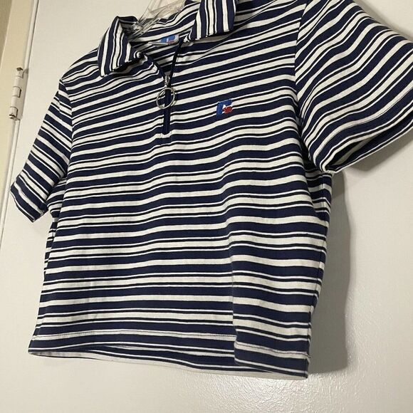 Russell Athletics striped blue crop top half zip polo top size Medium - Picture 2 of 5